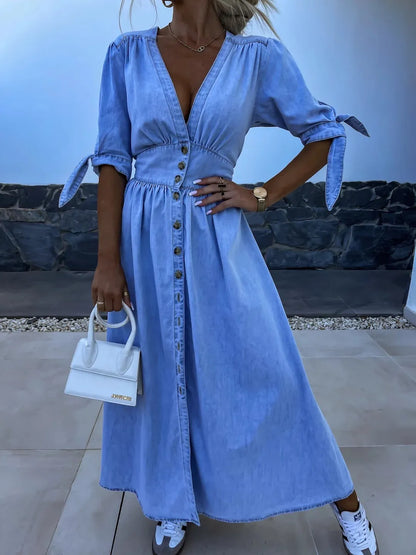 Julia|Robe Décolleté en Denim Chic